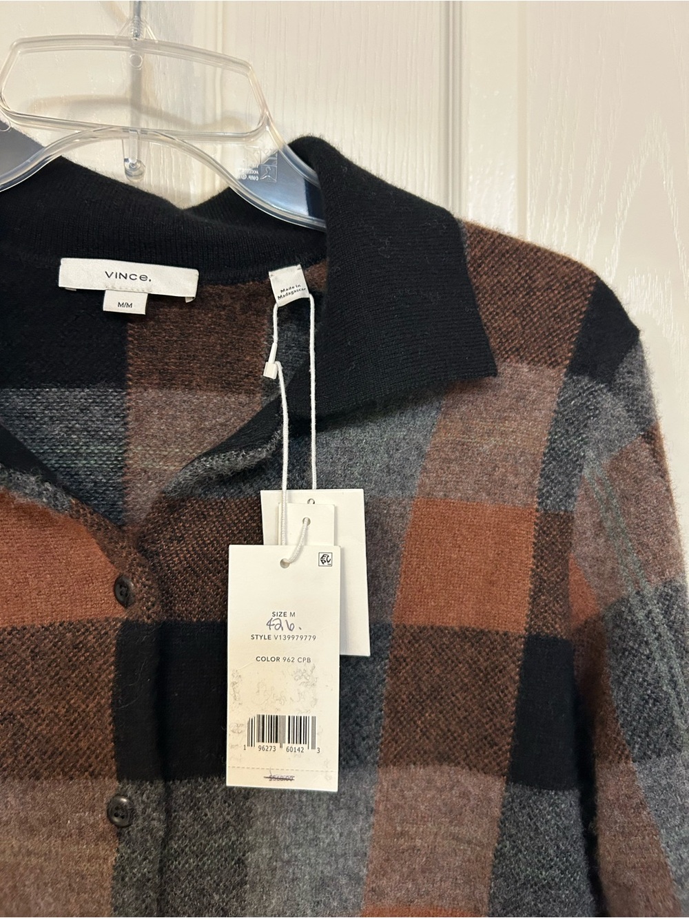 Vince Cashmere Check Plaid Cardigan in CACAO / HEATHER PEWTER / BLACK Size M - Picture 7 of 8